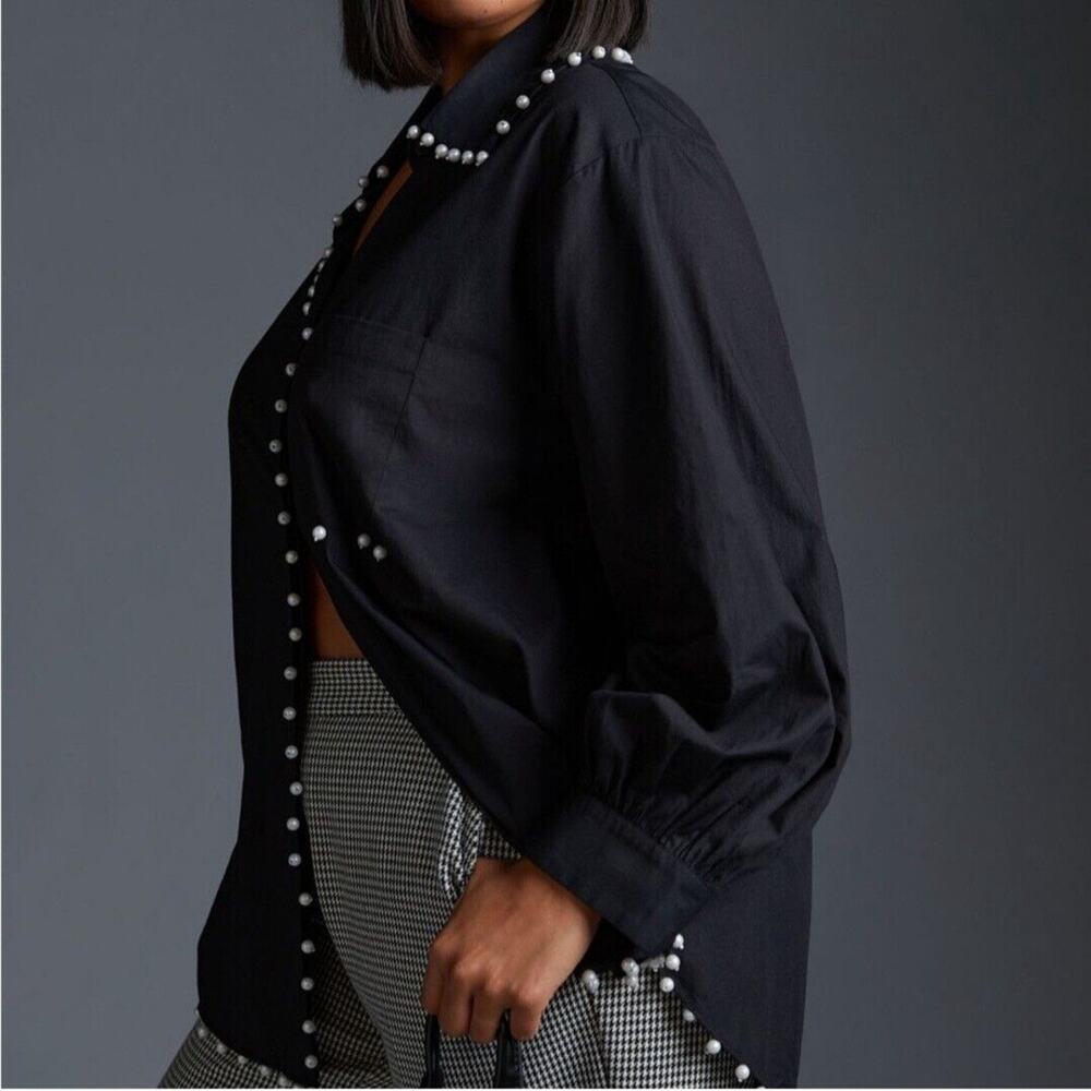 Anthropologie Top Hannah Lynn Embellished Button Down Tunic‎ Black XXS - Picture 3 of 12